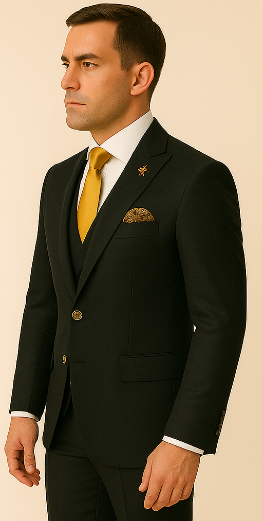 Rossi Man Men’s Black Slim Fit Suit – Double-Breasted Modern Classic - 38 Short Jacket+32 Waist Adjustable 28to34)(Height: 5’4”to5’7”)(Neck 15-16.5)S-M)