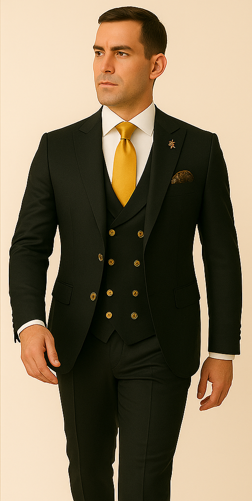 Rossi Man Men’s Black Slim Fit Suit – Double-Breasted Modern Classic - 38 Short Jacket+32 Waist Adjustable 28to34)(Height: 5’4”to5’7”)(Neck 15-16.5)S-M)