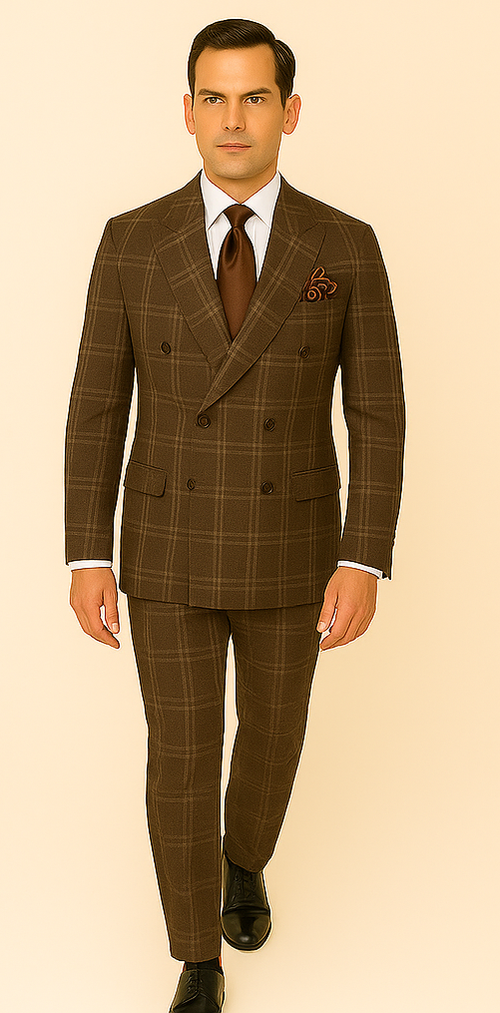 Brown Windowpane Double Breasted Jacket and Modern Flat Front Pants RM1798
