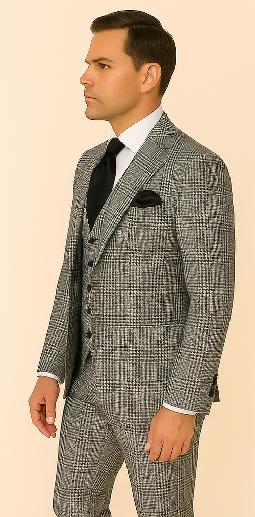Mens Black and White Plaid Super 150s Wool Suit Pleated Pants Wide Lapel Jacket