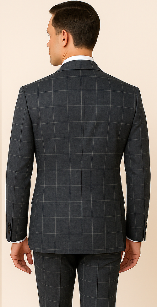 Mens Windowpane Charcoal Super 150s Wool Suit Jacket and Pleated Pants