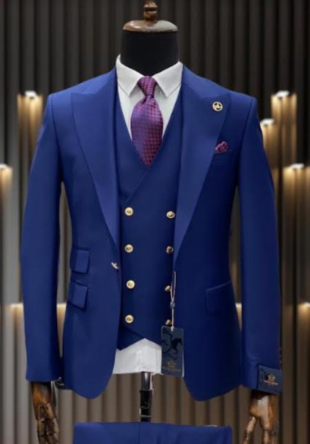 Rossiman Brand Royal Blue Suits - 1 Button Suit Peak Lapel Ticket Pocket Double Breasted Vest