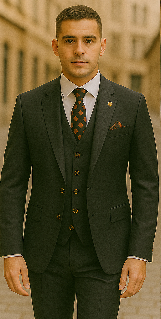 Rossiman Black Suit for Men – Classic 1-Button Peak Lapel Jacket & Double-Breasted Vest - 36 Regular Jacket+30 Waist Adjustable 26to32)Height: 5'7"-6')(Neck: 14.5-16:S)