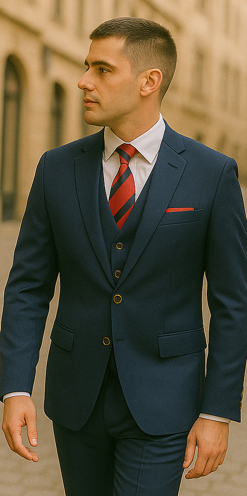 Rossiman Navy Blue Suit for Men – Classic 1-Button Peak Lapel Jacket & Double-Breasted Vest - 58R