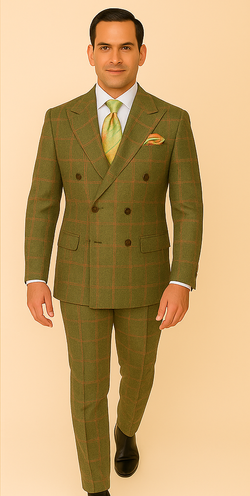 Rossiman Suit – Sage Green & Burnt Orange Windowpane Plaid Double-Breasted Suit - 38 Short Jacket+32 Waist Adjustable 28to34)(Height: 5 4 to5 7 )(Neck 15-16.5)S-M)