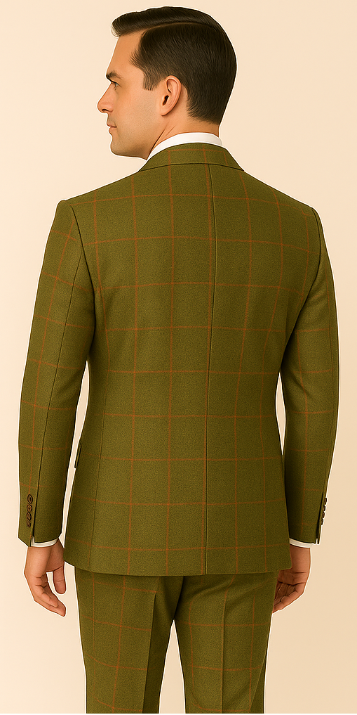 Rossiman Suit – Sage Green & Burnt Orange Windowpane Plaid Double-Breasted Suit - 38 Short Jacket+32 Waist Adjustable 28to34)(Height: 5 4 to5 7 )(Neck 15-16.5)S-M)