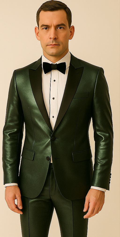 Rossiman Men’s Green Sateen Suit – Glossy Finish with Modern Flair - 38 Short Jacket+32 Waist Adjustable 28to34)(Height: 5’4”to5’7”)(Neck 15-16.5)S-M)