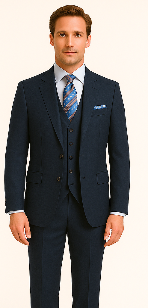 Rossiman Men’s Formal Blue Suit – Slim Fit Design with Vest and Trousers - 38 Short Jacket+32 Waist Adjustable 28to34)(Height: 5’4”to5’7”)(Neck 15-16.5)S-M)
