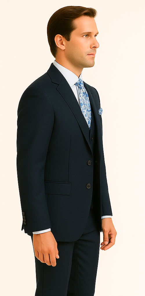 Rossiman Men’s Formal Blue Suit – Slim Fit Design with Vest and Trousers - 38 Short Jacket+32 Waist Adjustable 28to34)(Height: 5’4”to5’7”)(Neck 15-16.5)S-M)