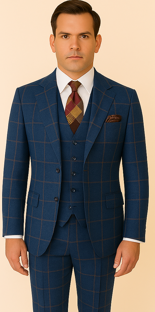 Rossiman Men’s Navy & Gray Plaid Suit – Classic Windowpane Double-Breasted Design - 38 Short Jacket+32 Waist Adjustable 28to34)(Height: 5 4 to5 7 )(Neck 15-16.5)S-M)