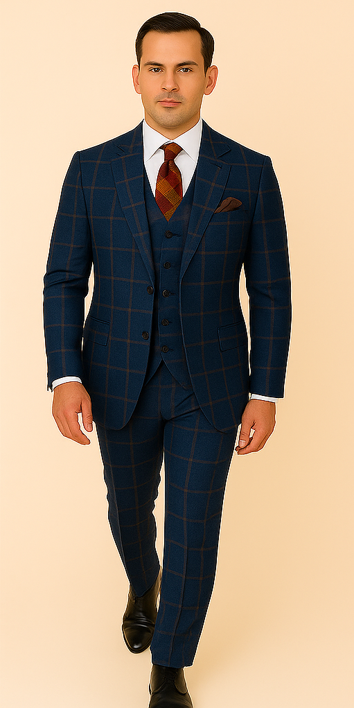 Rossiman Men’s Navy & Gray Plaid Suit – Classic Windowpane Double-Breasted Design - 38 Short Jacket+32 Waist Adjustable 28to34)(Height: 5 4 to5 7 )(Neck 15-16.5)S-M)