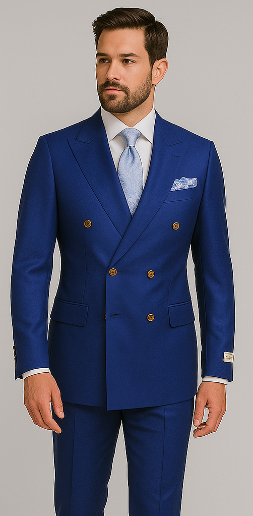 Rossiman Men's Slim Fit Royal Blue Suit – Double-Breasted Elegance - 36 Regular Jacket+30 Waist Adjustable 26to32)Height: 5'7"-6')(Neck: 14.5-16:S)