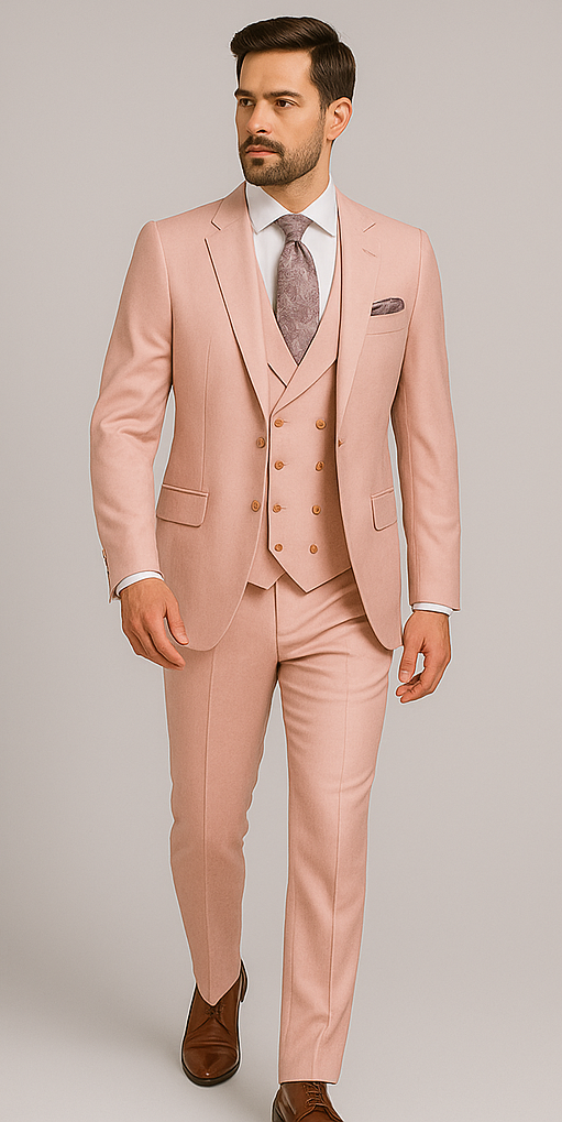 Rossiman Men's Slim Fit Pink Suit – Elegant Double-Breasted Vest & Tailored Flat Front Pants - 36 Regular Jacket+30 Waist Adjustable 26to32)Height: 5'7"-6')(Neck: 14.5-16:S)