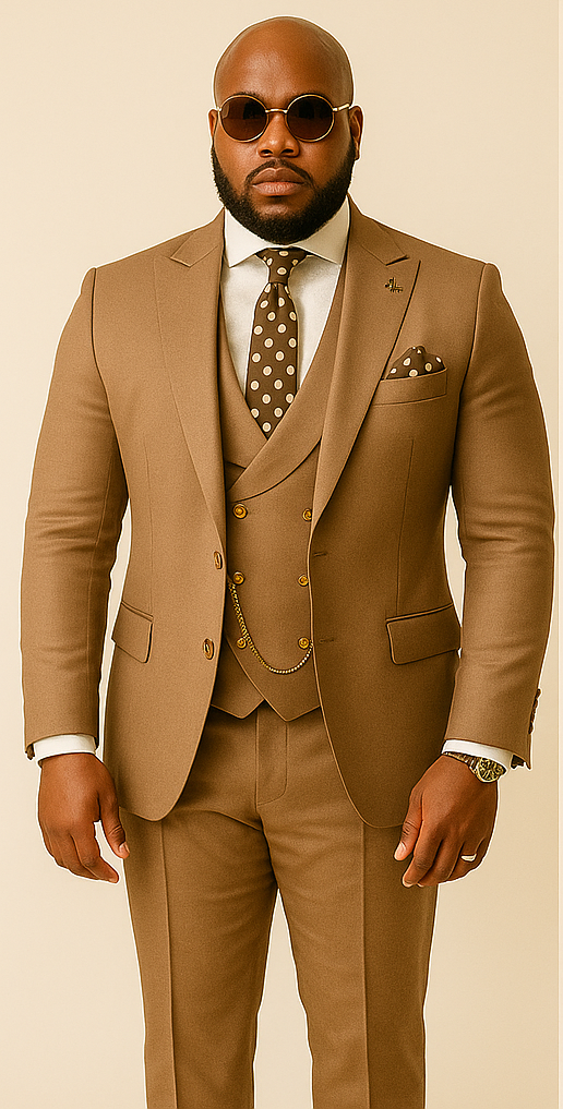Rossiman Men’s Tan Suit – Gold Buttons & Double-Breasted Vest Elegance - 36 Regular Jacket+30 Waist Adjustable 26to32)Height: 5'7"-6')(Neck: 14.5-16:S)
