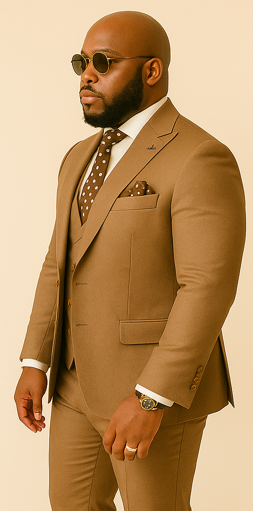 Rossiman Men’s Tan Suit – Gold Buttons & Double-Breasted Vest Elegance - 36 Regular Jacket+30 Waist Adjustable 26to32)Height: 5'7"-6')(Neck: 14.5-16:S)