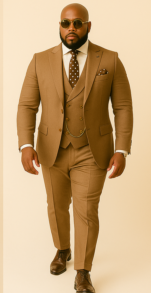Rossiman Men’s Tan Suit – Gold Buttons & Double-Breasted Vest Elegance - 36 Regular Jacket+30 Waist Adjustable 26to32)Height: 5'7"-6')(Neck: 14.5-16:S)