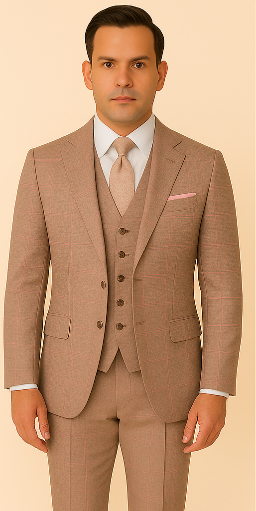 Men's Brown Plaid Double-Breasted Wool Suits – Classic Windowpane Two-Piece Formal Suits By Rossiman