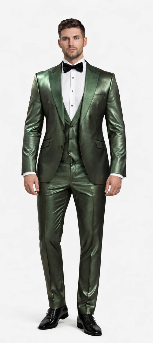 Rossiman Menβs Green Sateen Suit β Glossy Finish with Modern Flair