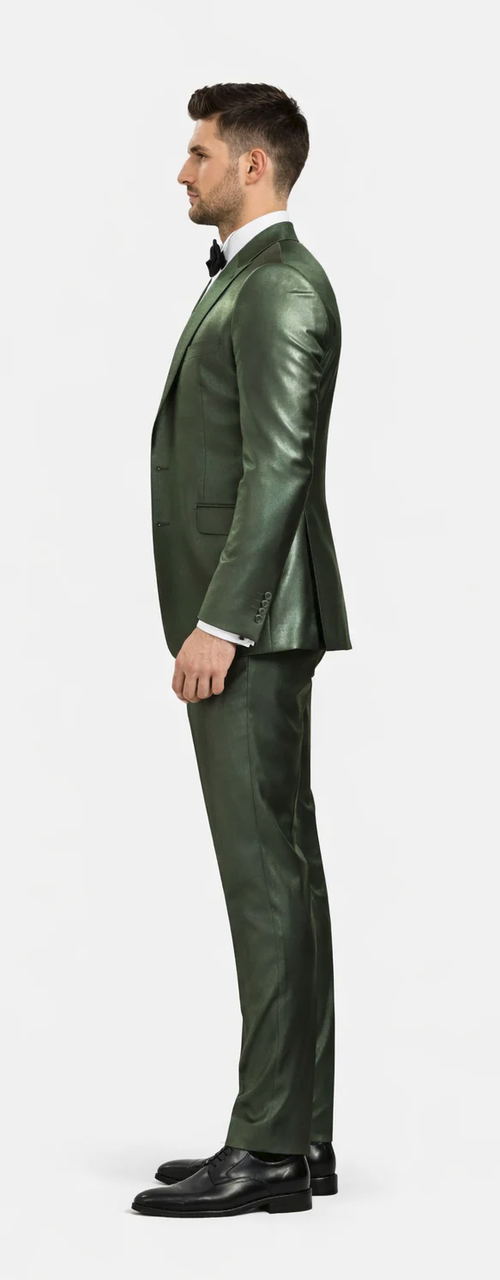 Rossiman Menβs Green Sateen Suit β Glossy Finish with Modern Flair