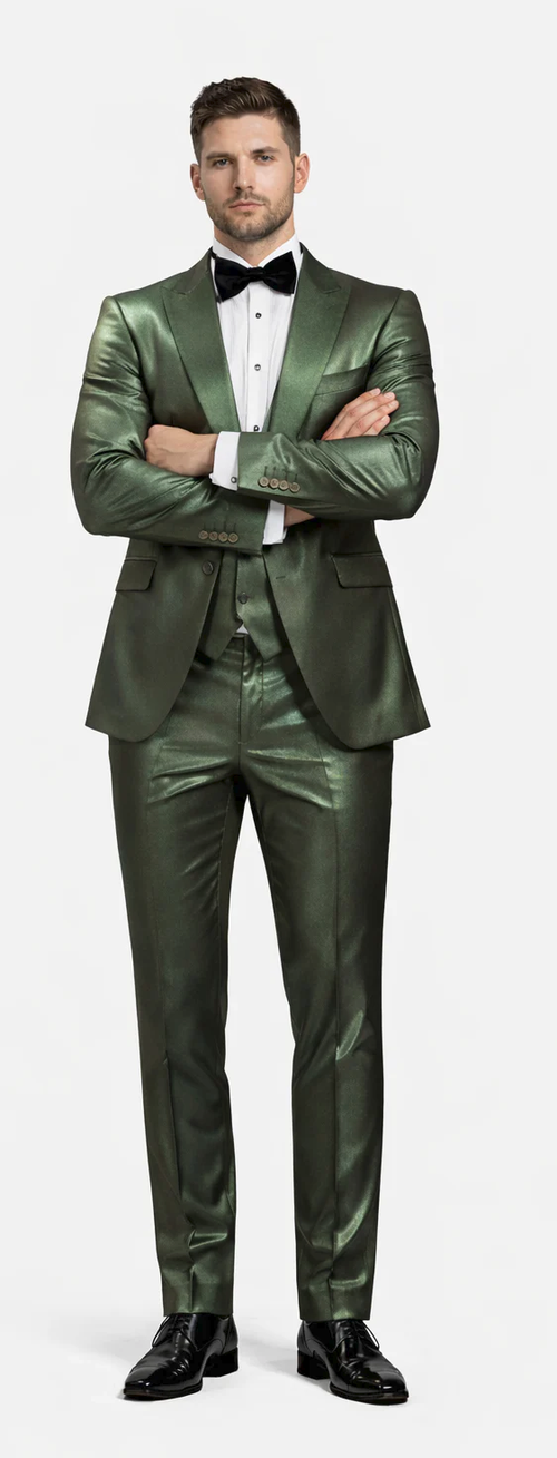 Rossiman Menβs Green Sateen Suit β Glossy Finish with Modern Flair