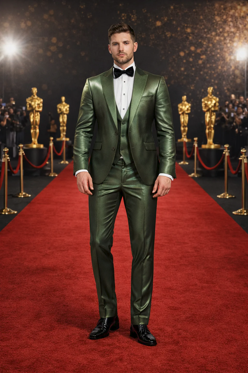 Rossiman Menβs Green Sateen Suit β Glossy Finish with Modern Flair