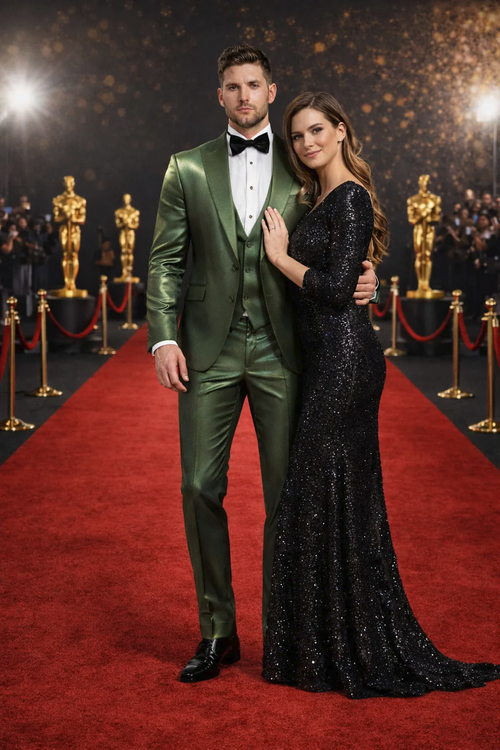Rossiman Menβs Green Sateen Suit β Glossy Finish with Modern Flair
