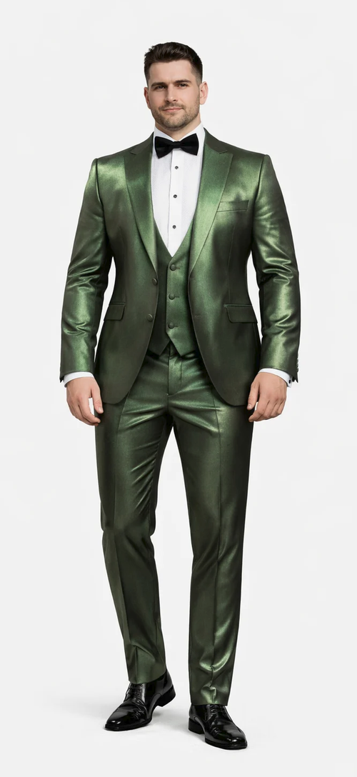 Rossiman Menβs Green Sateen Suit β Glossy Finish with Modern Flair