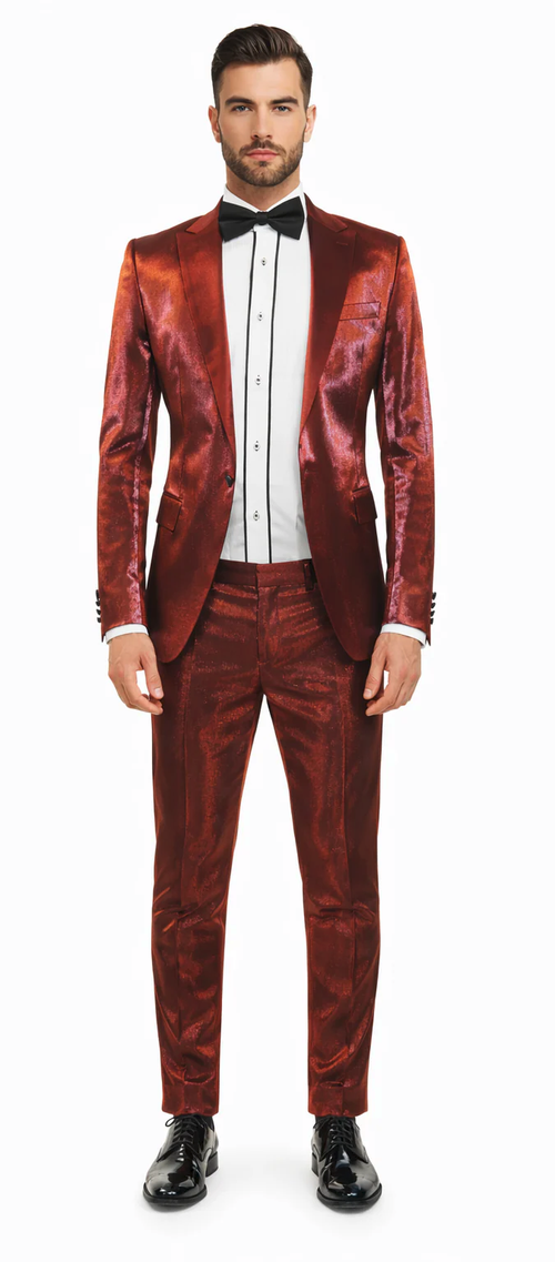 Rossiman Menβs Red Sateen Suit β Glossy Finish Bold Formalwear