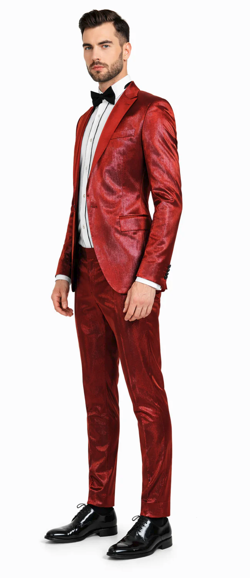 Rossiman Menβs Red Sateen Suit β Glossy Finish Bold Formalwear