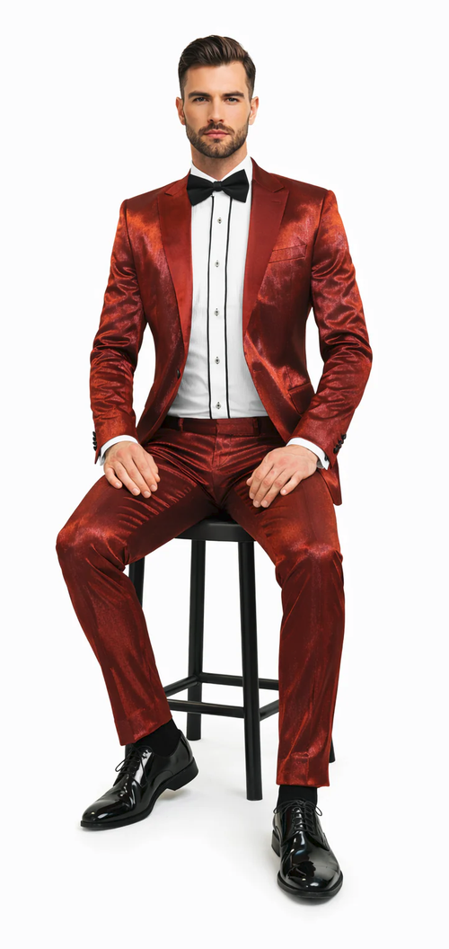 Rossiman Menβs Red Sateen Suit β Glossy Finish Bold Formalwear
