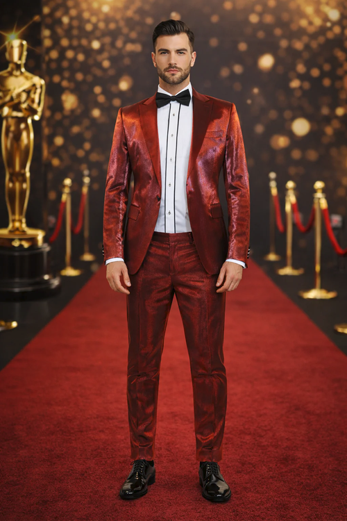 Rossiman Menβs Red Sateen Suit β Glossy Finish Bold Formalwear