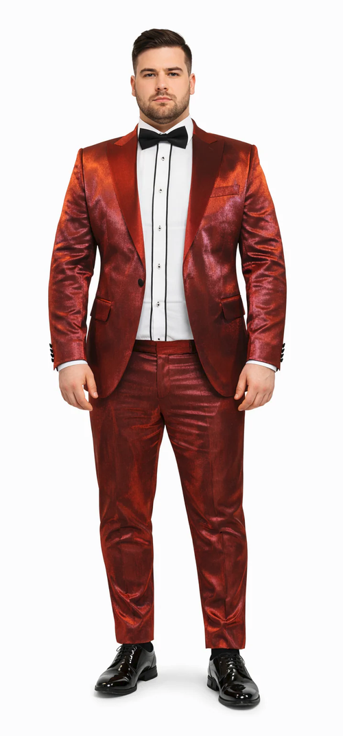 Rossiman Menβs Red Sateen Suit β Glossy Finish Bold Formalwear