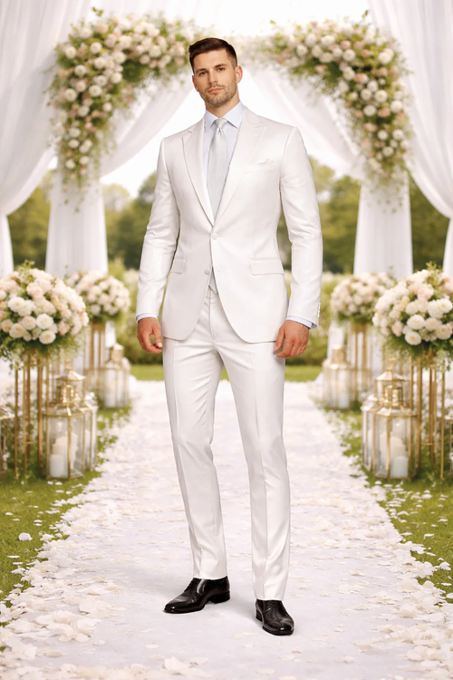 Rossiman White Sateen Suit for Men β High-Shine Formal Elegance