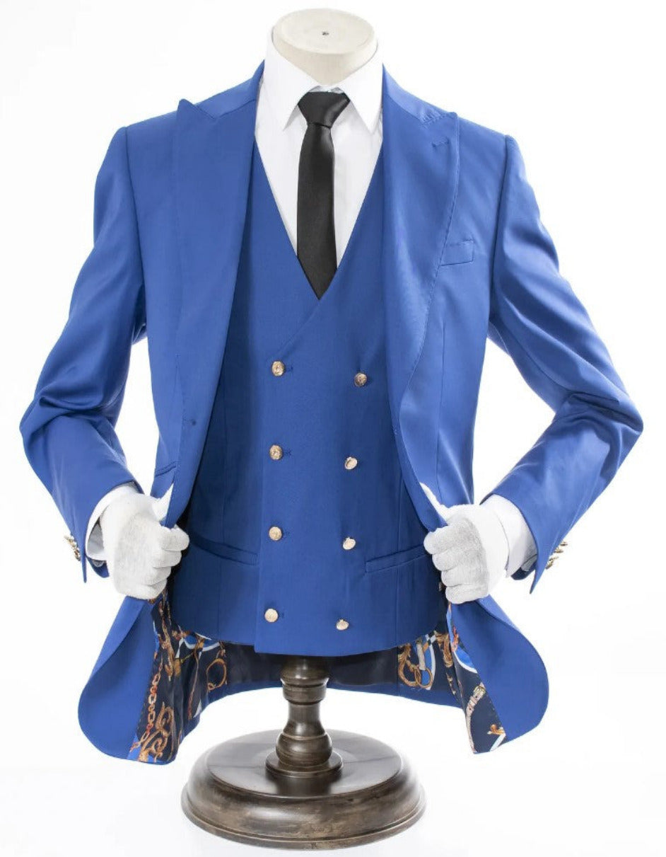 Royal Blue 3-Piece Slim-Fit Suit with Gold Buttons - 34 Short or Extra Small