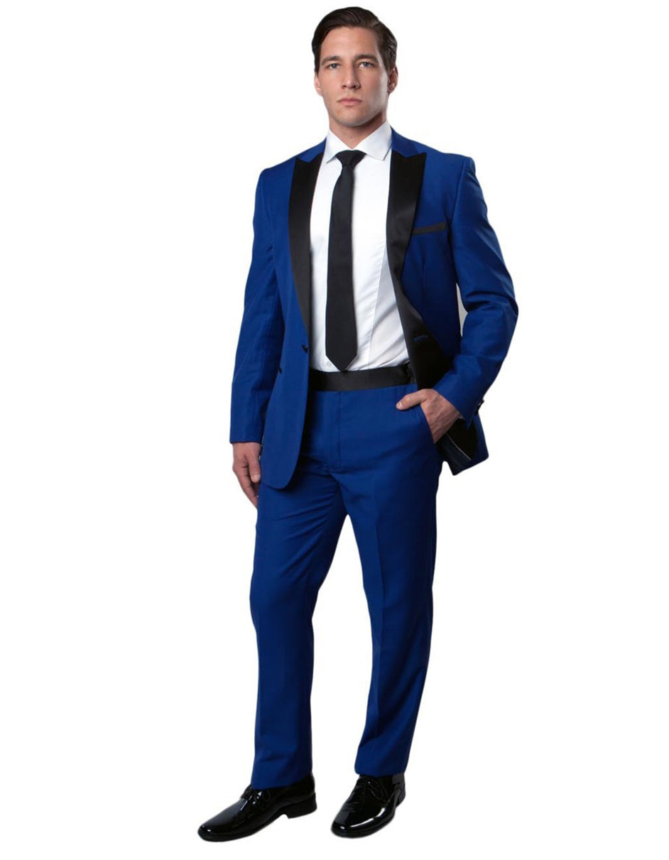 Mens Royal Blue Prom 2025 Tuxedo - Mens Modern Fit Peak Tuxedo in Royal Blue - 38 Short Jacket+32 Waist Adjustable 28to34)(Height: 5 4 to5 7 )(Neck 15-16.5)S-M)
