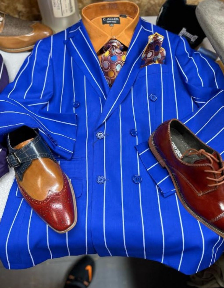 Mens Double Breasted Blazer Suit Jacket - Bold Pinstripe Sport Coat in Royal and White Pinstripe - 36