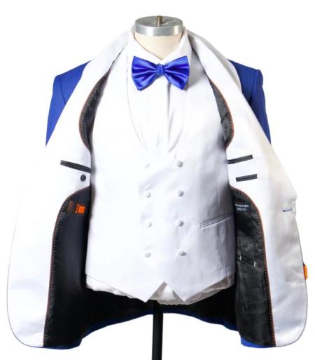 1 Button Shawl Lapel Tuxedo With Vest Royal And White - 38 Short Jacket+32 Waist Adjustable 28to34)(Height: 5 4 to5 7 )(Neck 15-16.5)S-M)