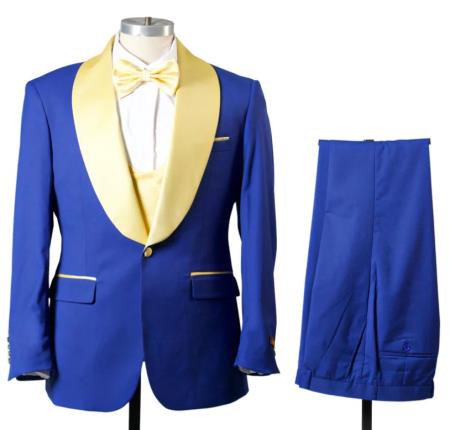 1 Button Shawl Lapel Tuxedo With Vest Royal And Gold - 38 Short Jacket+32 Waist Adjustable 28to34)(Height: 5 4 to5 7 )(Neck 15-16.5)S-M)