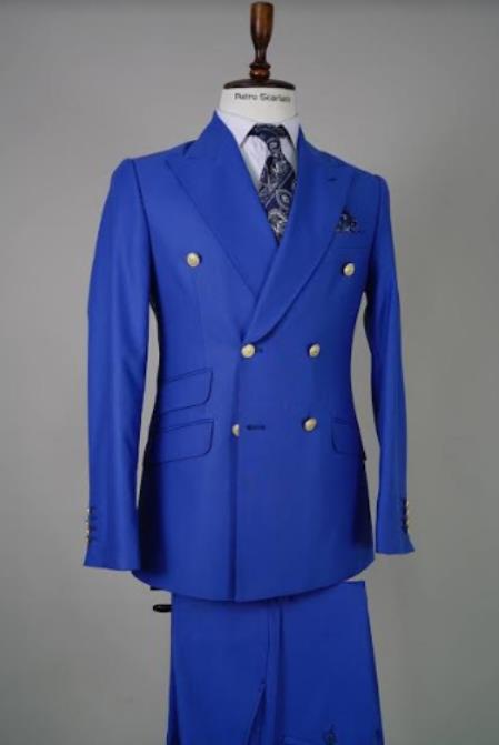Mens Royal Blue Double Breasted Suit - 100% Suit - 38 Short Jacket+32 Waist Adjustable 28to34)(Height: 5 4 to5 7 )(Neck 15-16.5)S-M)