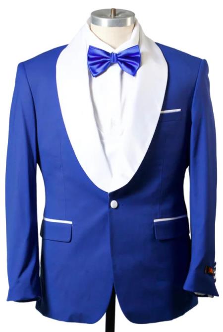 1 Button Shawl Lapel Tuxedo With Vest Royal And White - 38 Short Jacket+32 Waist Adjustable 28to34)(Height: 5 4 to5 7 )(Neck 15-16.5)S-M)