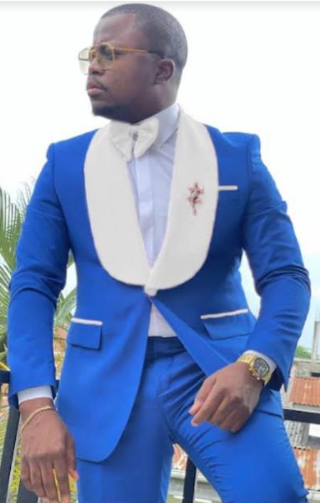 Royal Blue Tuxedo With White Lapel Jacket + Pants + Vest - Royal Suit - 38 Short Jacket+32 Waist Adjustable 28to34)(Height: 5 4 to5 7 )(Neck 15-16.5)S-M)