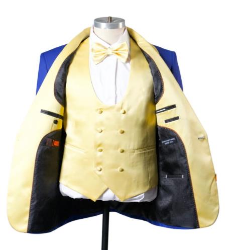 1 Button Shawl Lapel Tuxedo With Vest Royal And Gold - 38 Short Jacket+32 Waist Adjustable 28to34)(Height: 5 4 to5 7 )(Neck 15-16.5)S-M)