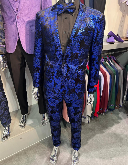 Mens Royal Blue and Black Floral Tuxedo Suit - Slim Fit 2 Piece Formal Outfit with Matching Bow Tie - New Arrival