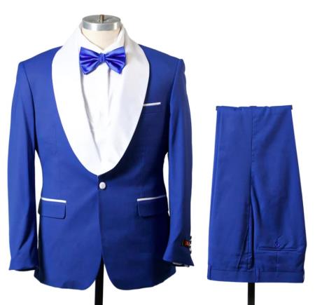 1 Button Shawl Lapel Tuxedo With Vest Royal And White - 38 Short Jacket+32 Waist Adjustable 28to34)(Height: 5 4 to5 7 )(Neck 15-16.5)S-M)