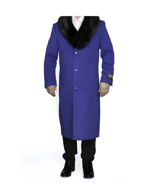 Removable Fur Collar Full Length Ankle length Wool Dress Top Coat / Overcoat In Royal Blue - Mens Overcoat