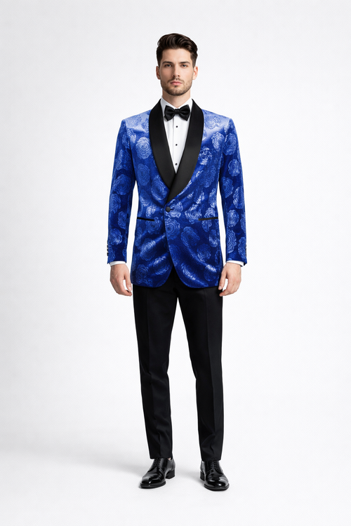 Mens Royal Blue Rose Tuxedo Jacket Slim Fit Shawl Lapel