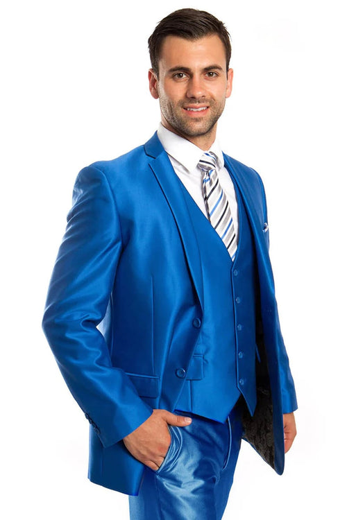 Mens 2 Button Shiny Blazer - Royal Blue Sateen Vested Suit - New Arrival