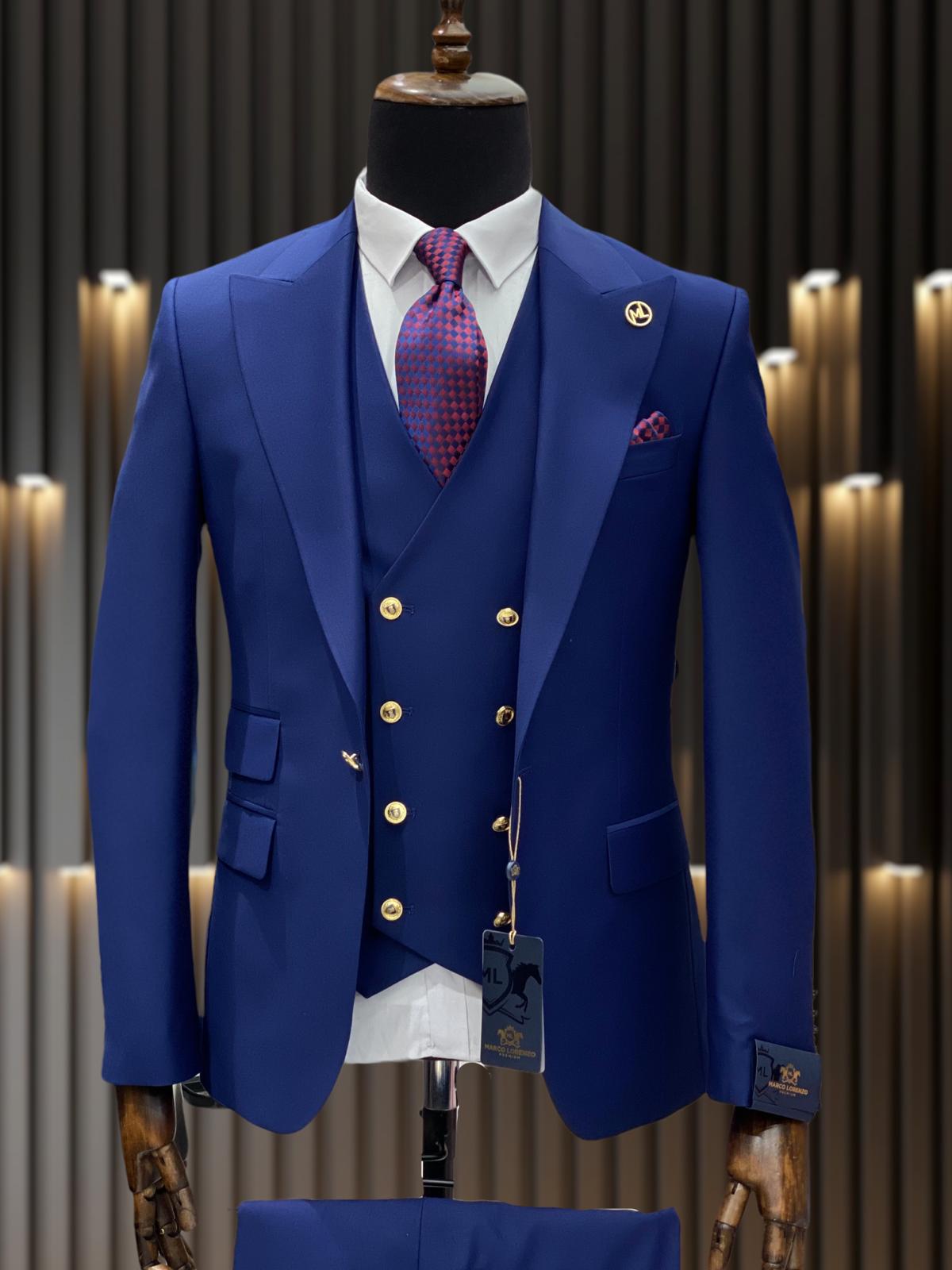 Mens Double breasted Suit - "Royal Blue" 1920s 1980s Style Peak Lapel Suits -  Back Side Vented  Mens One Button Peak Lapel Vested Wool Suit with Gold buttons in Royal Blue white - 40 Long + 34 Waist(Adjust 2" Large and amp 4")