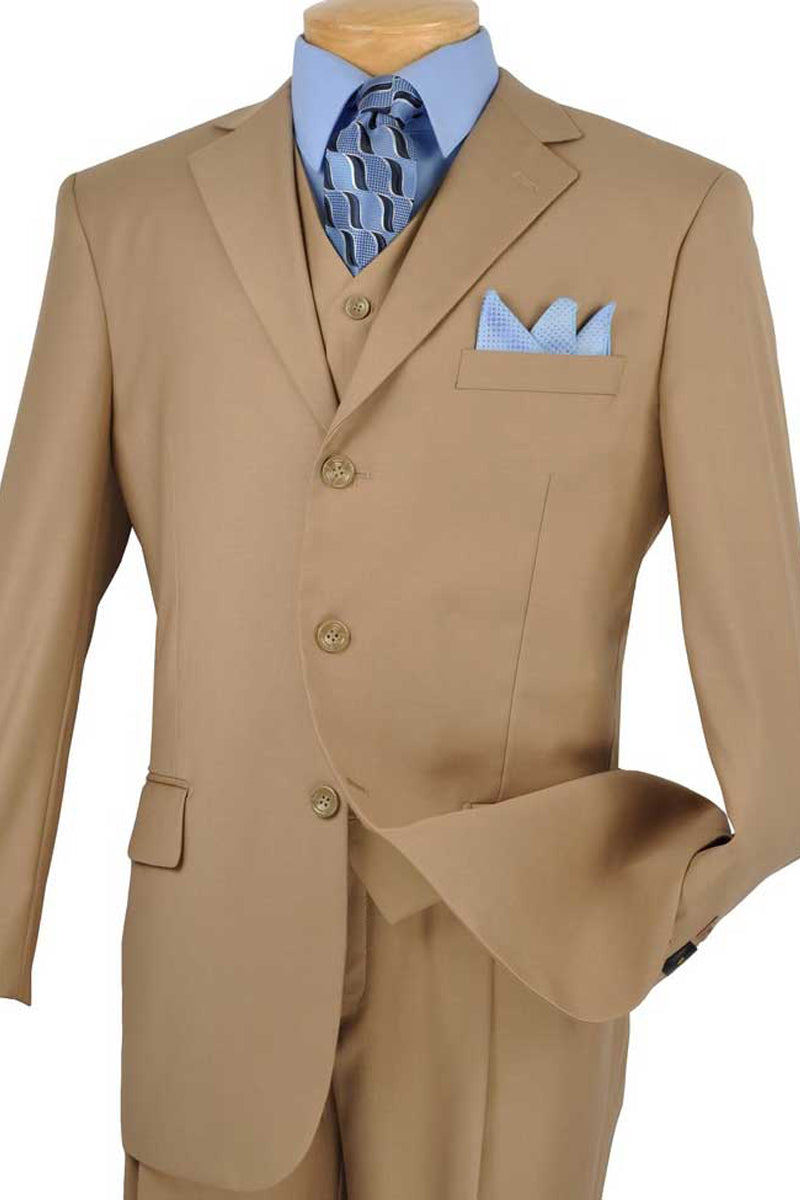 Mens 3 Button Vested Basic Wool Feel Suit in Khaki - 40 Short