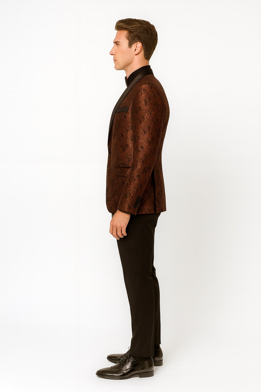 Mens Rust Copper Brick Color Paisley Tuxedo Jacket Dinner and Wedding Blazer With Black Pants Matching Bowtie - 36 Short